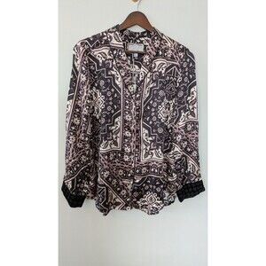 Johnny Was Silk Pajama Top XS Floral Button Velvet Embroidered Cuff Boho NWT